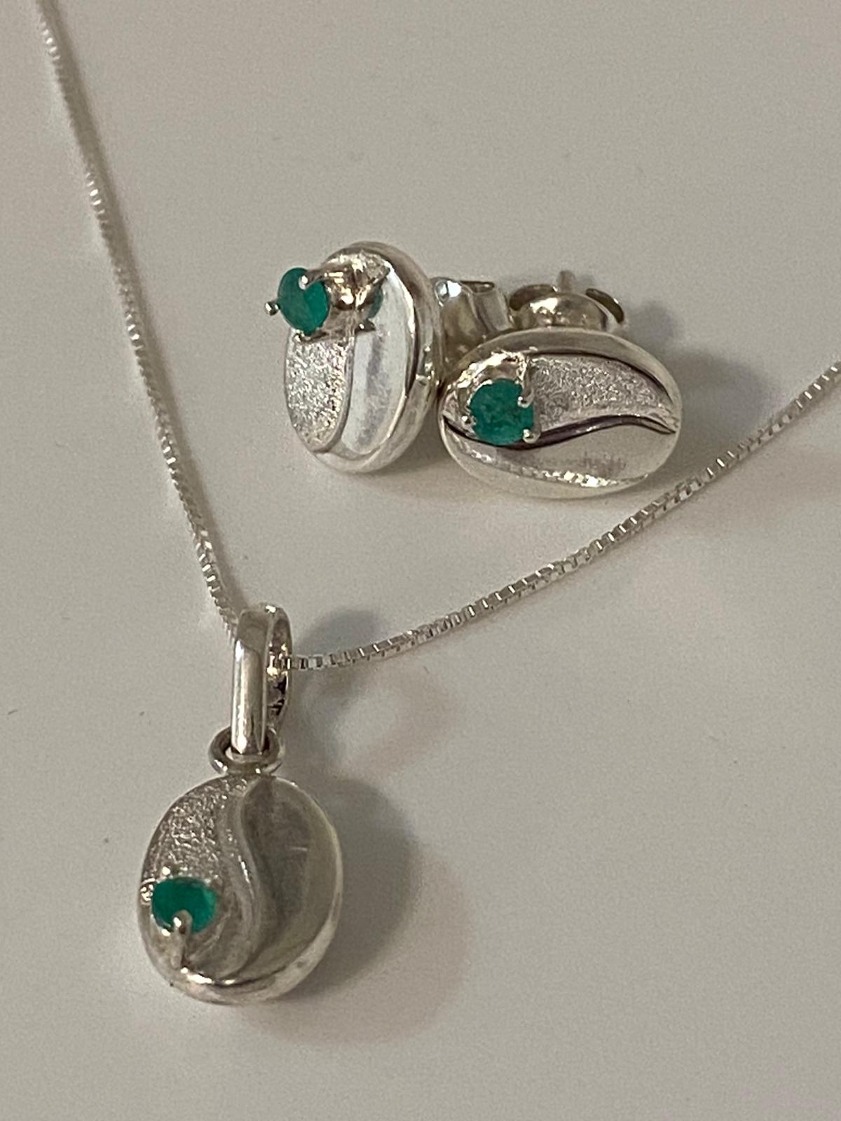 2 Pc Coffee Bean sterling Silver Jewelry set (Colombian Emeralds)